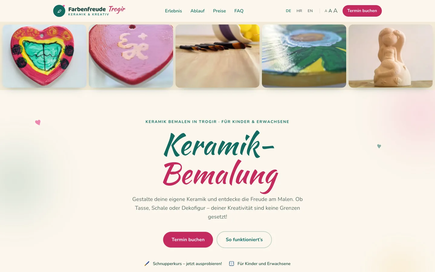 Desktop-Ansicht der Farbenfreude Trogir Website — Startseite mit Keramik-Galerie und Hero