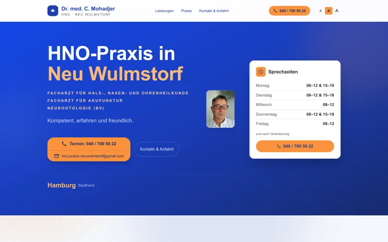 Desktop-Ansicht der Website der HNO-Praxis Dr. med. Mohadjer — Startseite mit Hero und Sprechzeiten-Widget